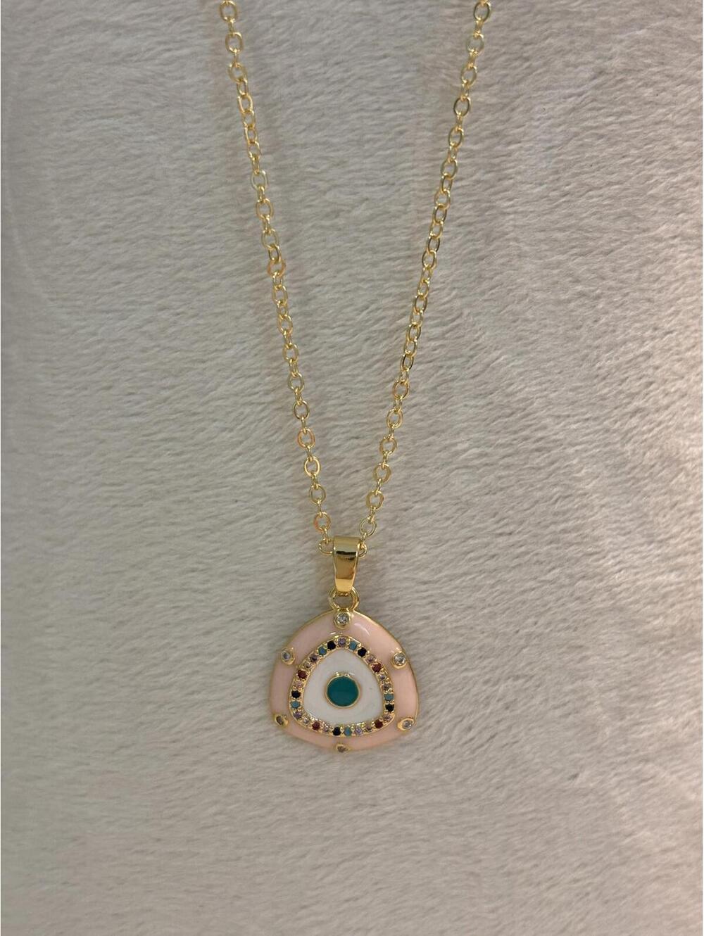 Gold Tone Evil Eye Pendant Necklace with Pink and Turquoise Accents
